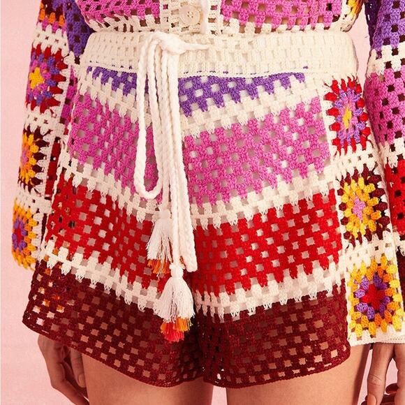 Farm Rio Mixed Stripes Crochet Knit Drawstring Shorts Multicolor Rainbow - Picture 7 of 14